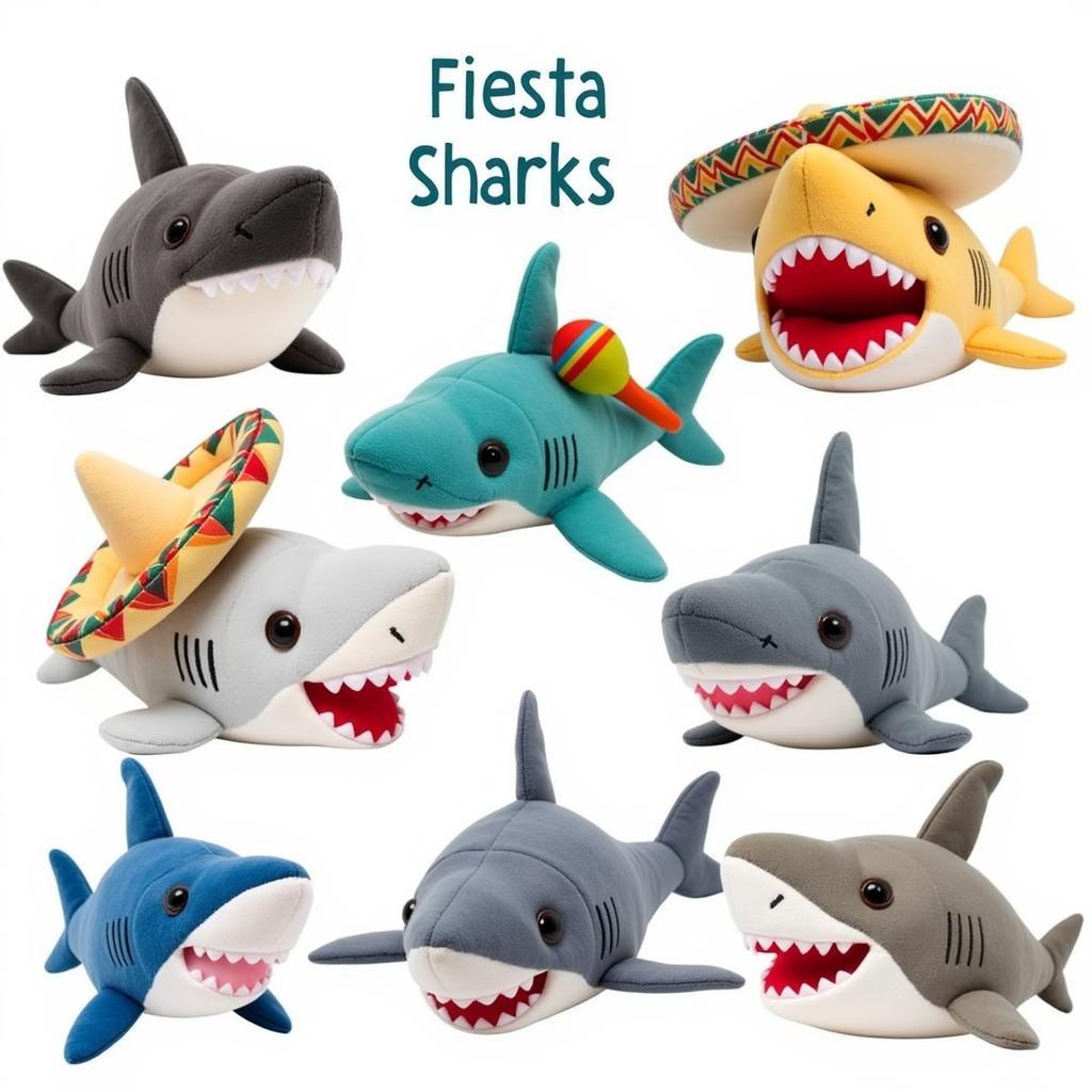 Various fiesta stuffed sharks in different colors and sizes