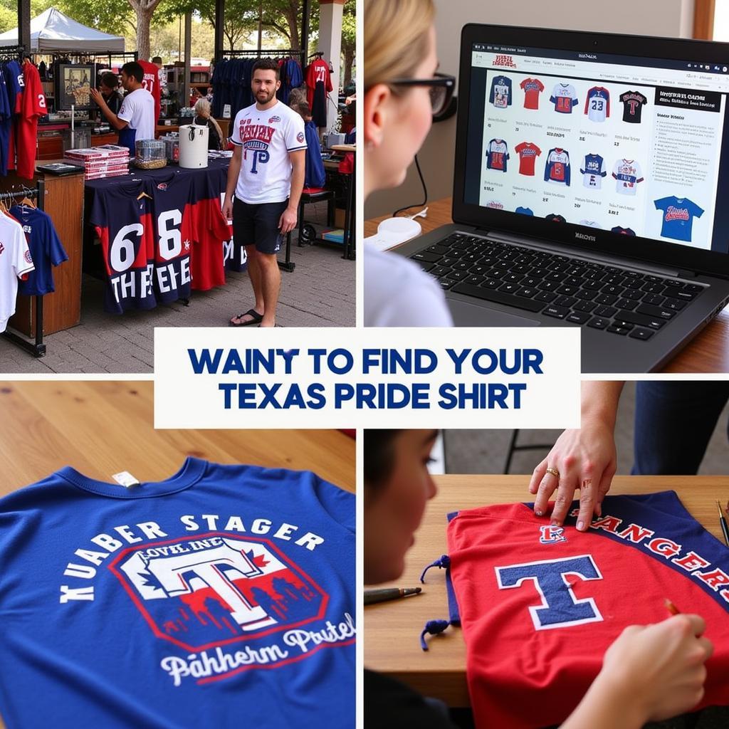 Various places to buy Texas pride shirts: An image showcasing a local Texas market stall selling Texas-themed clothing, a person browsing an online store selling Texas pride shirts on a laptop, and a close-up of someone crafting a custom shirt using Texas Rangers baseball fabric.