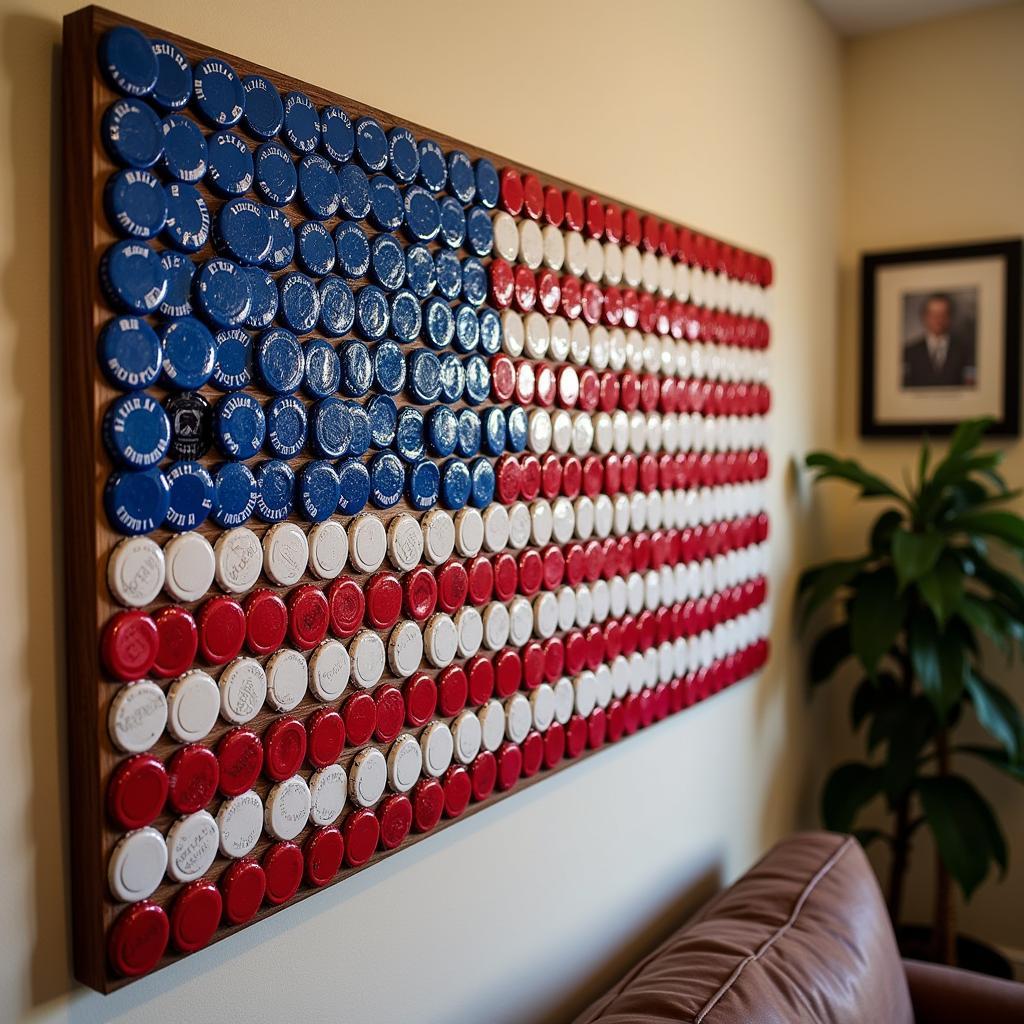 Finished beer cap American flag displayed on a wall