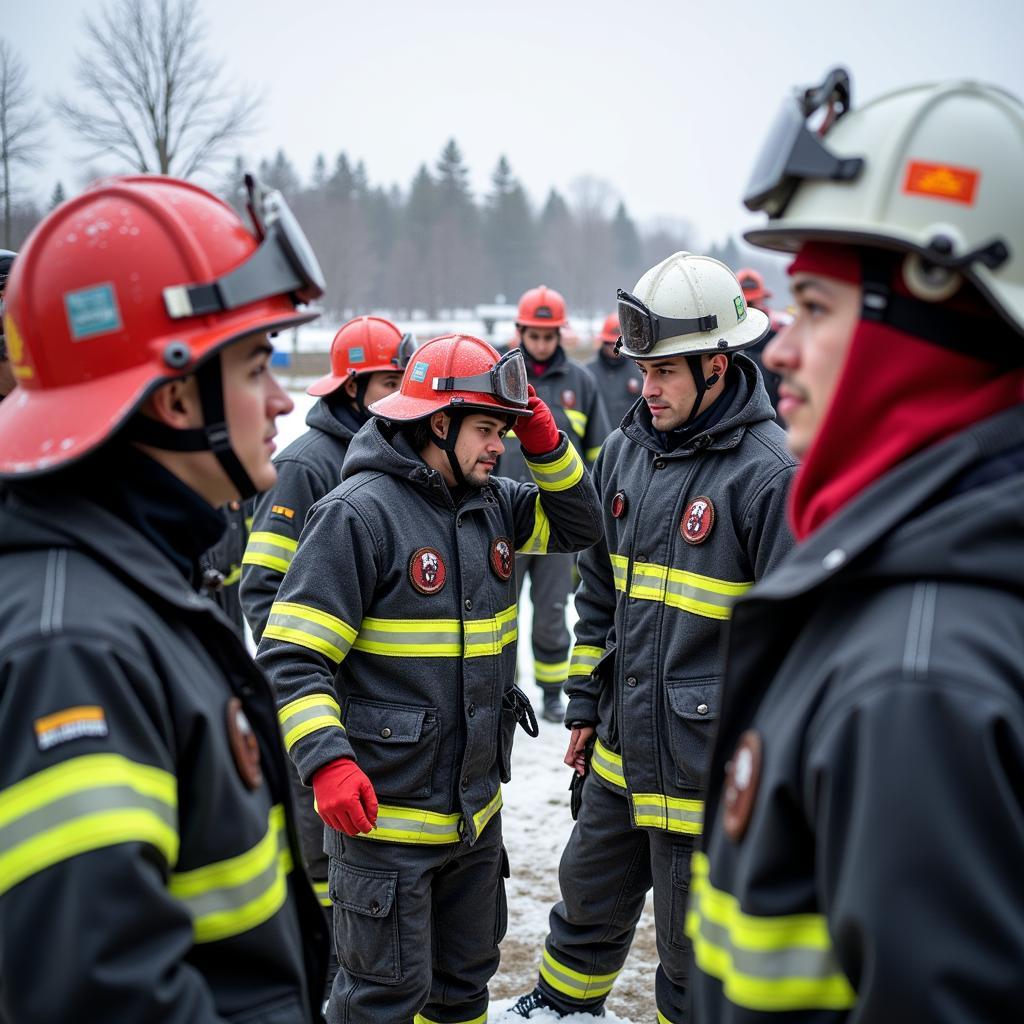 Firefighters in full winter gear, including hats