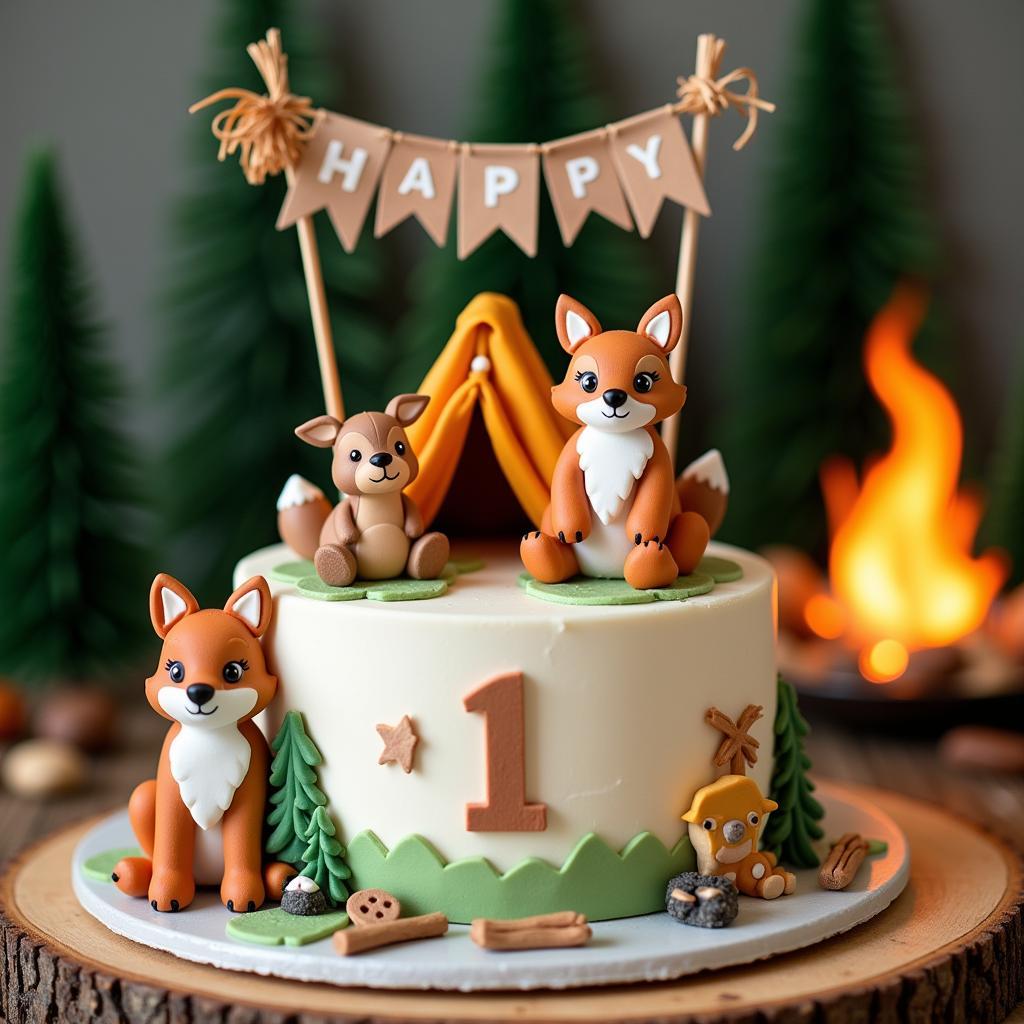 First Birthday Camping Themed Cake with Woodland Animals and Tent Decorations