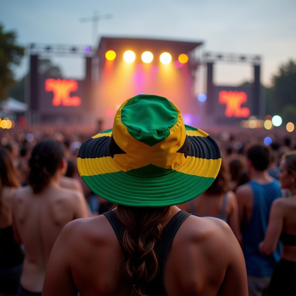 Wearing a flag bucket hat in a festival crowd