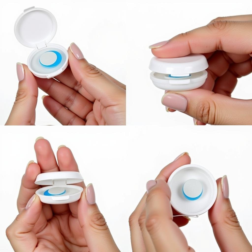 Demonstrating the proper usage of a flip-top contact lens case.