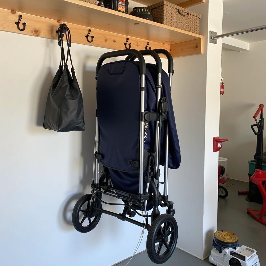 A folded stroller hanging neatly in a garage