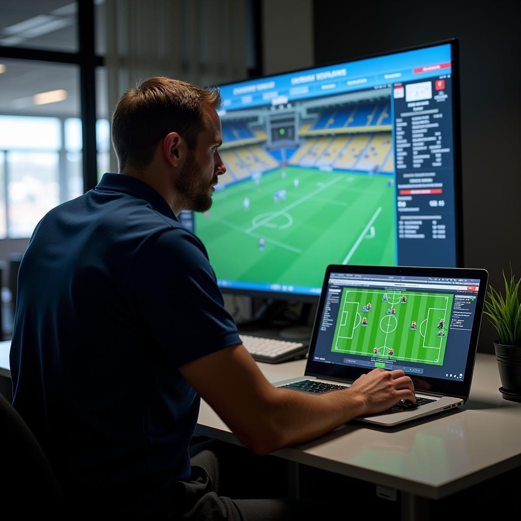 Football Coach Analyzing Game Data on Texa Laptop