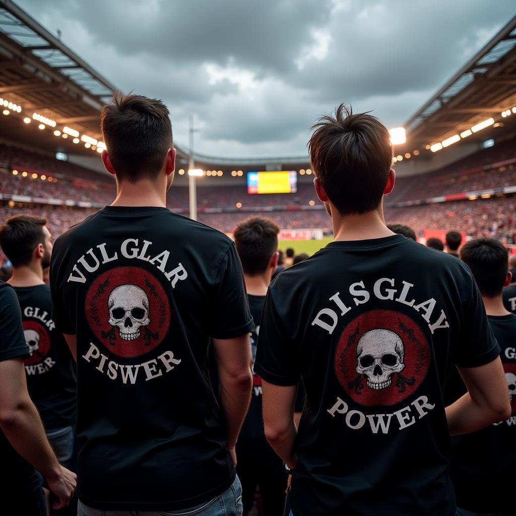 Football fans wearing Vulgar Display of Power shirts in a stadium, showcasing the connection between heavy metal and football culture.