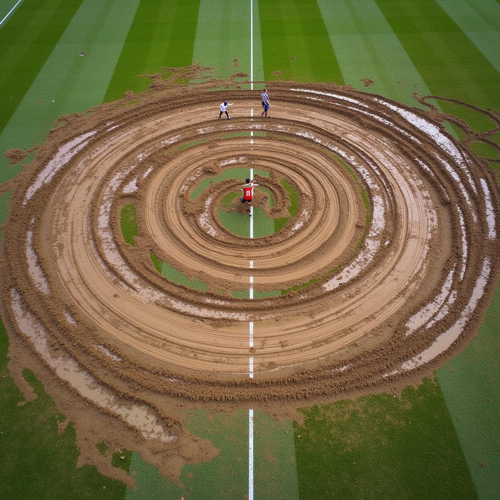 Football on Muddy Pitch Aerial View