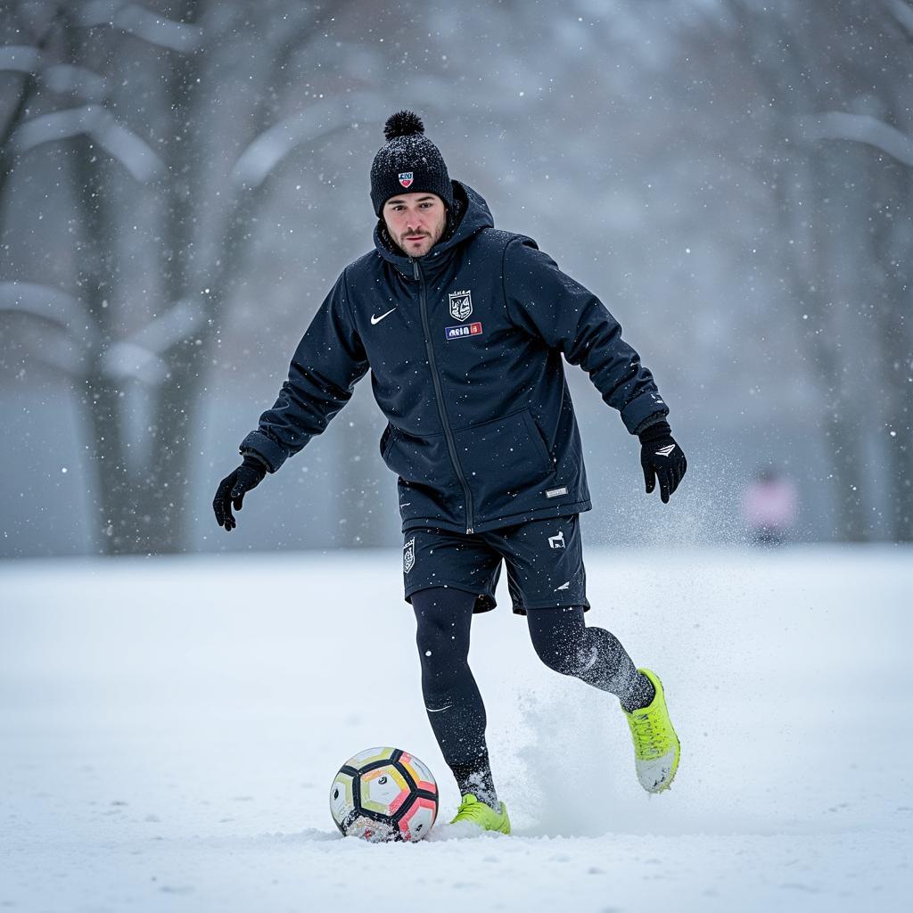 A football player braving the winter chill during a match