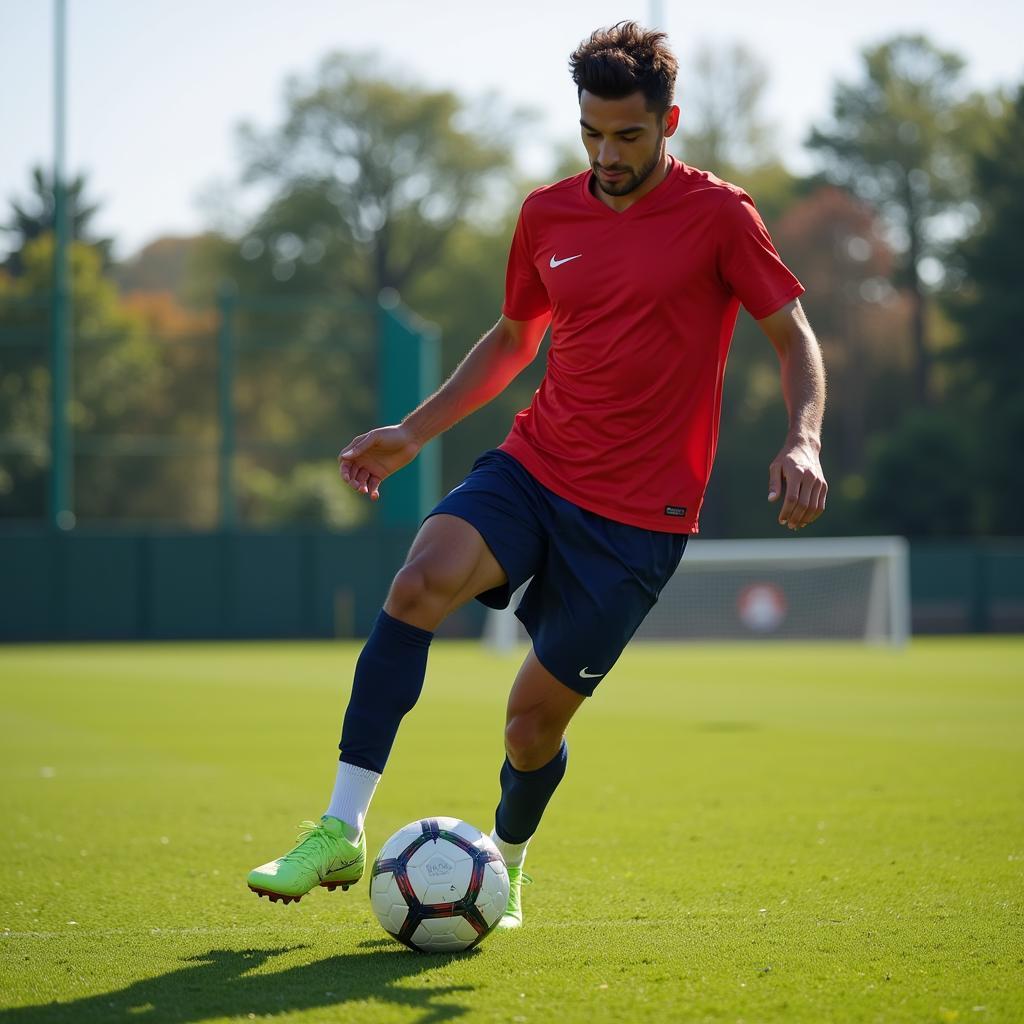 Football Player Focusing on Dribbling Training