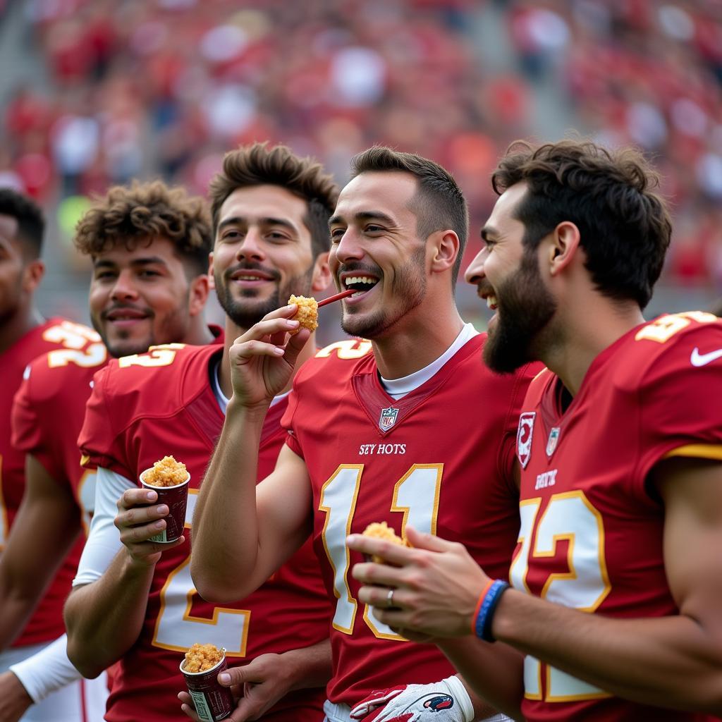 Football players celebrating a win with Long John Silver's Red Hots