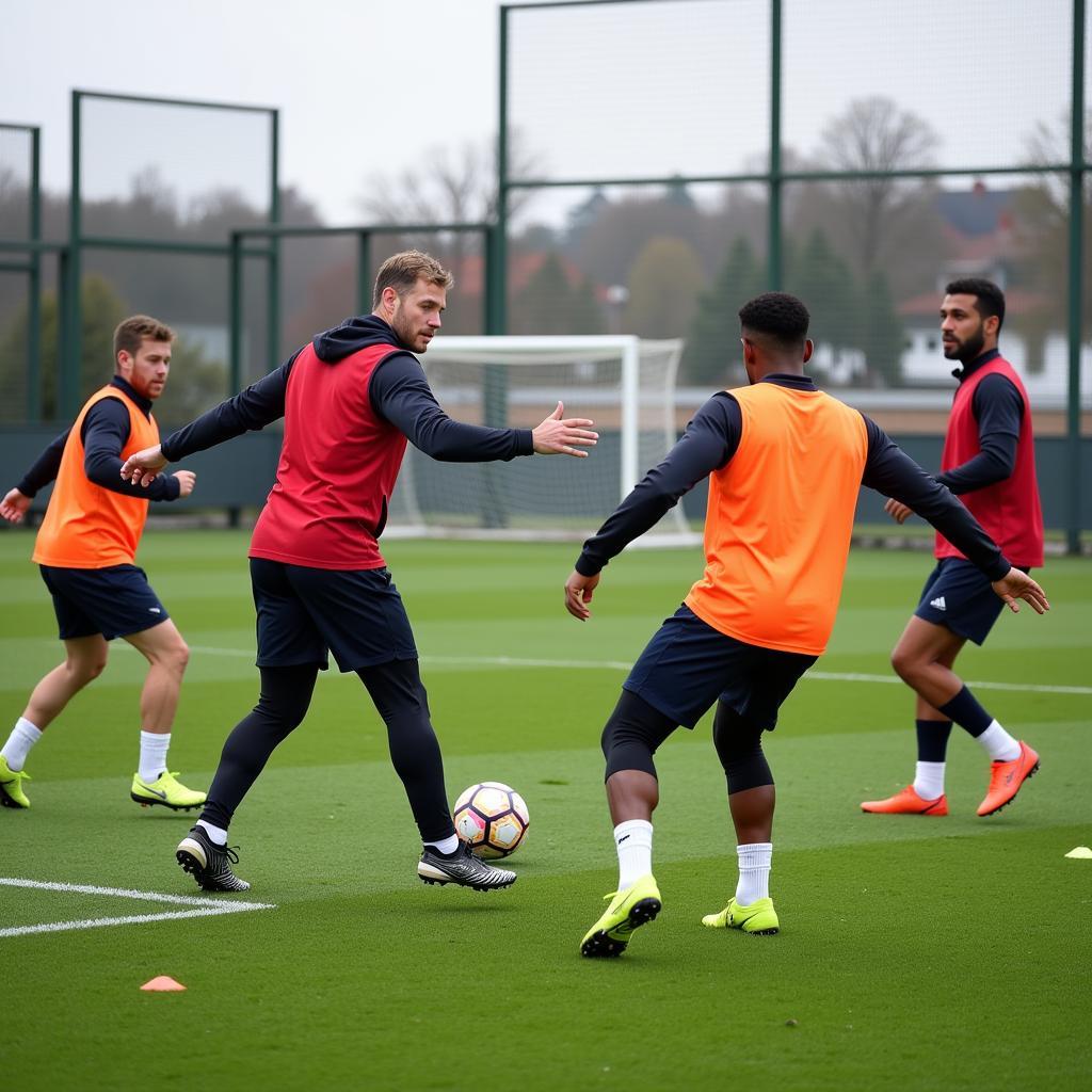 Football players training on the field