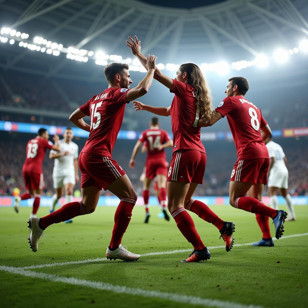 Football Team Celebrating a Goal After a Strategic Play