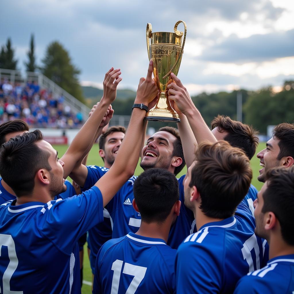 Football Team Celebrating Trophy Win