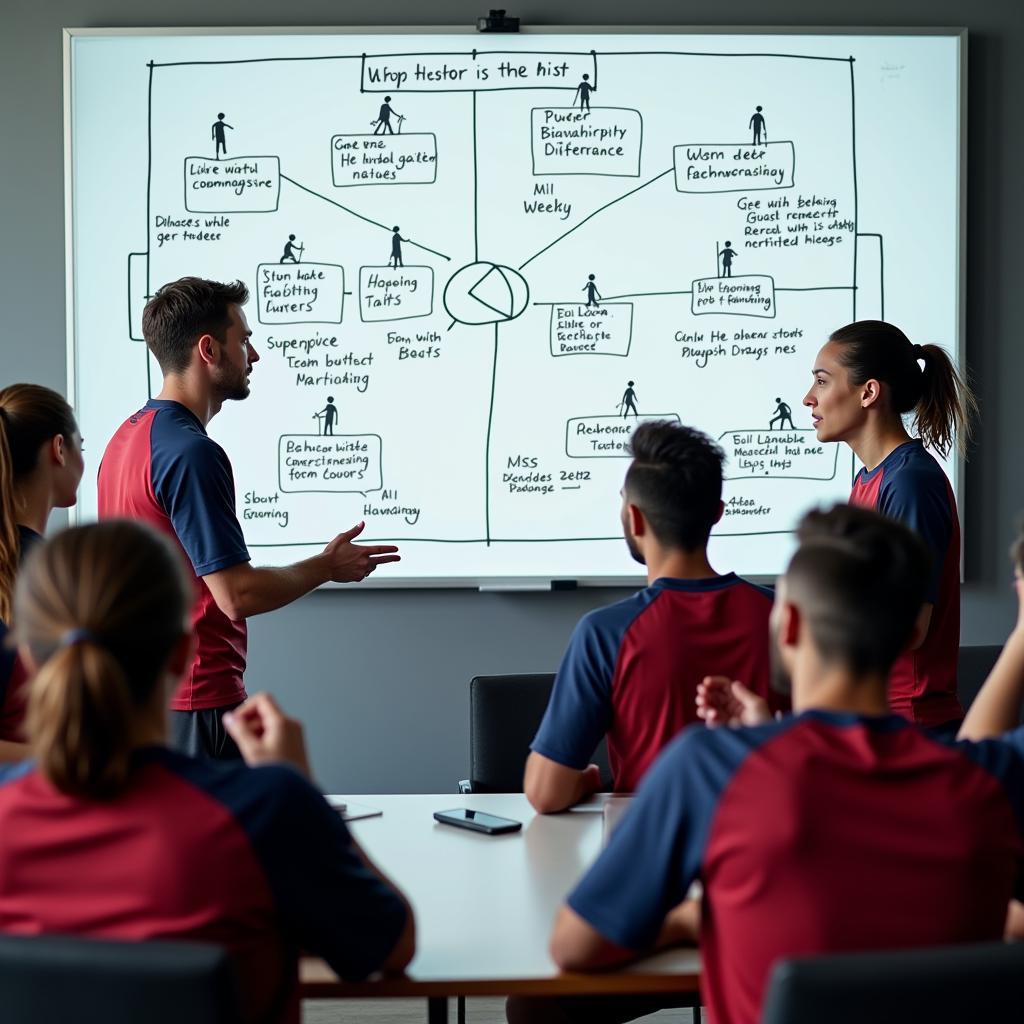 A football team engaged in a tactical discussion, emphasizing the importance of strategy and shared understanding in building a successful team