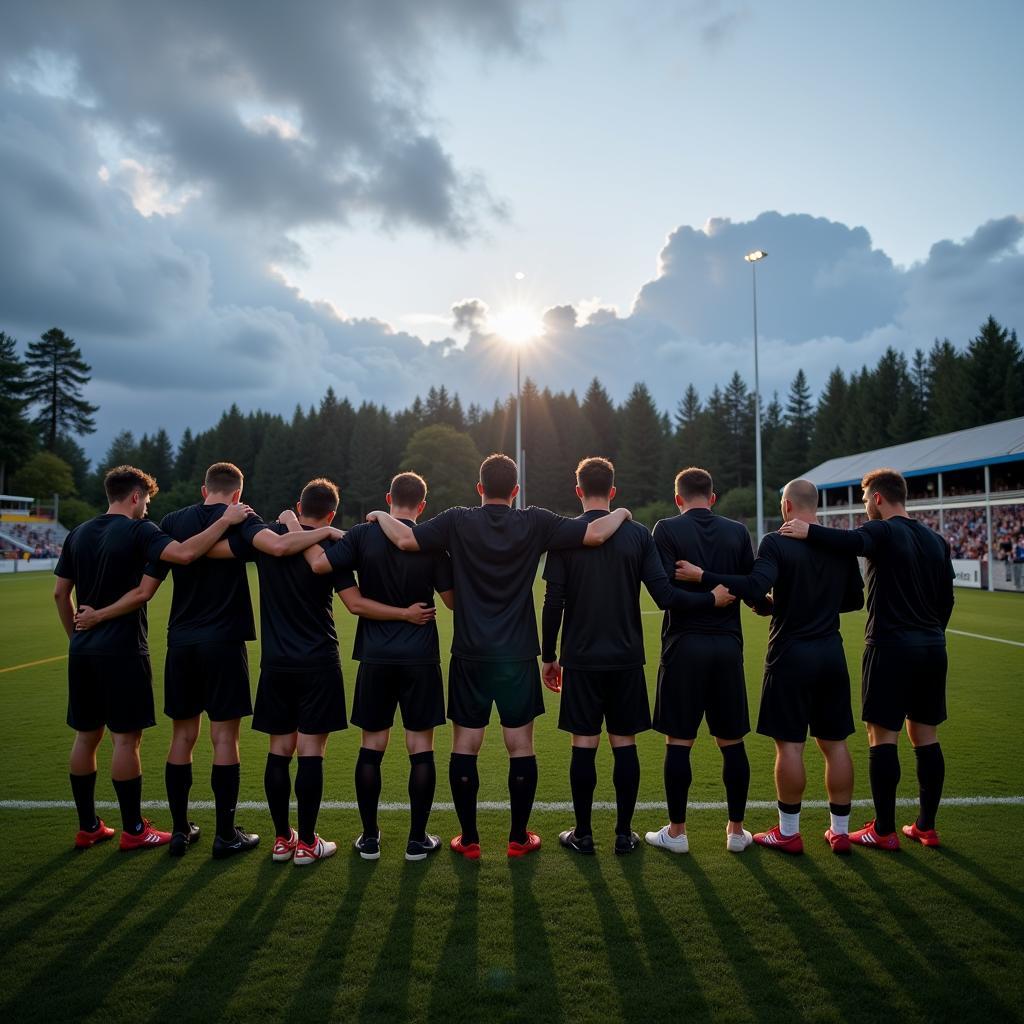 A football team stands together in solidarity, supporting each other through a difficult time.