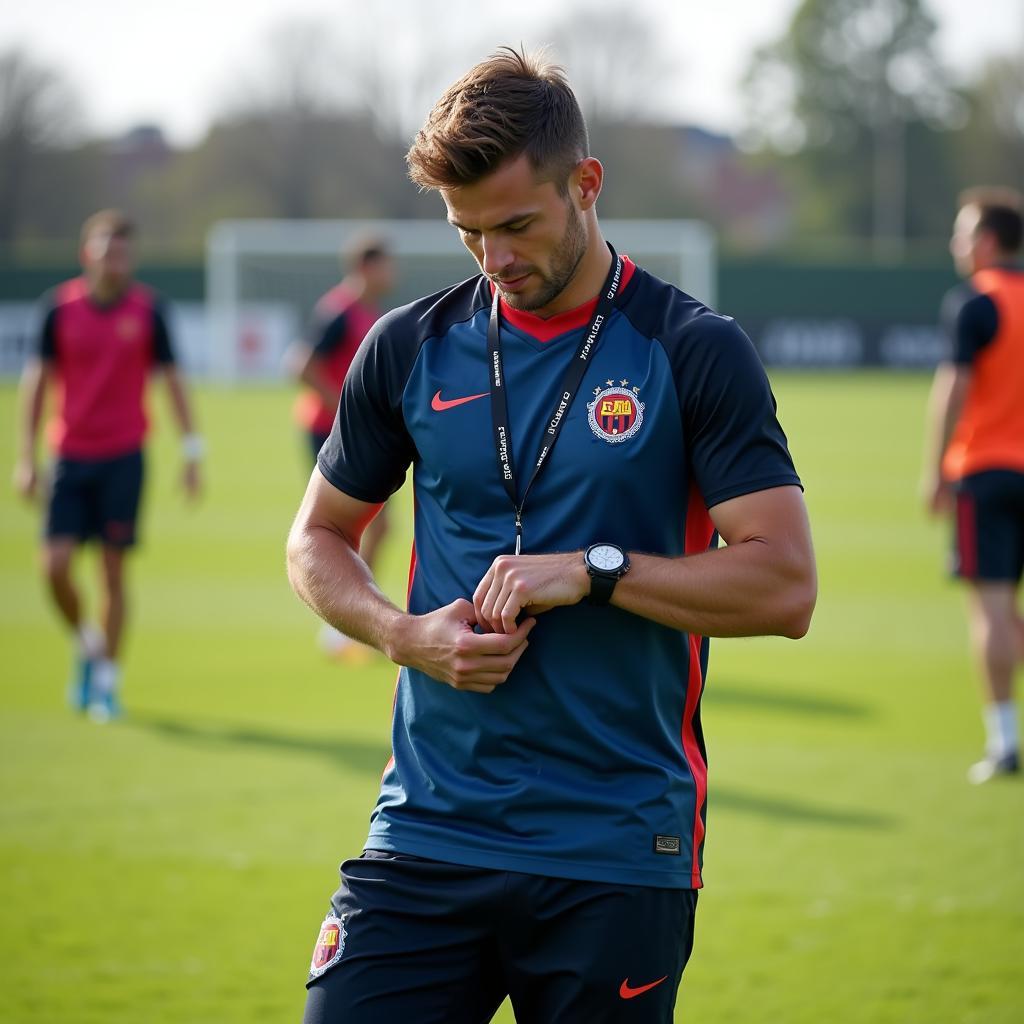 Footballer Checking Lanyard Watch During Training