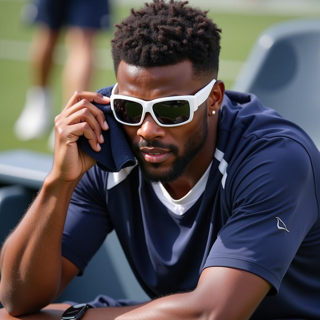 Footballer Cleaning Nos Sunglasses with Microfiber Cloth