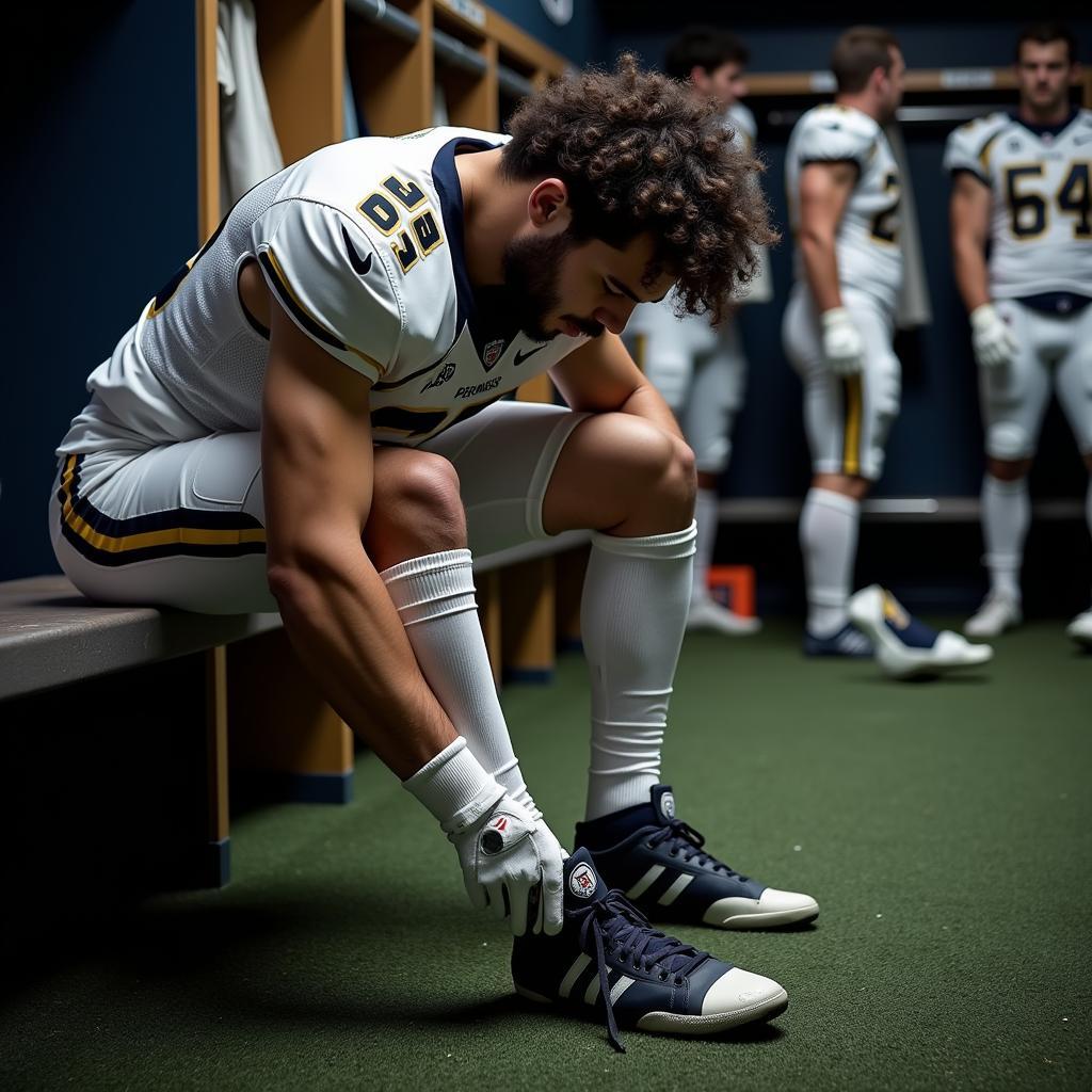 Footballer putting on numbered socks