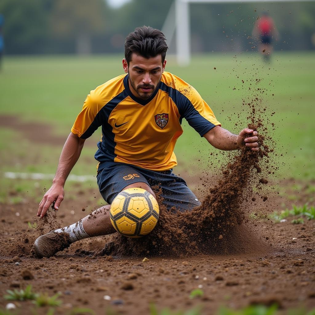 Footballer Sliding Tackle in Mud