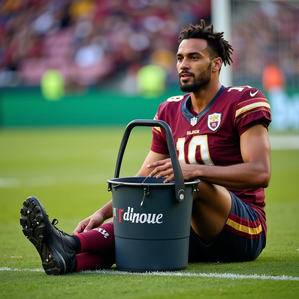 Footballer using bucket tumbler for leg recovery