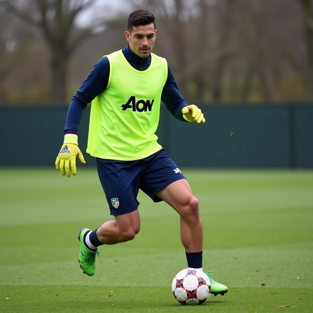 Football player wearing kelly green gloves during a training session