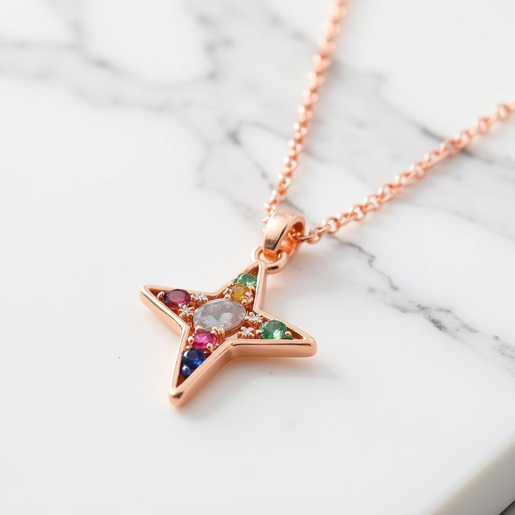 Rose Gold Four Point Star Necklace with Gemstones