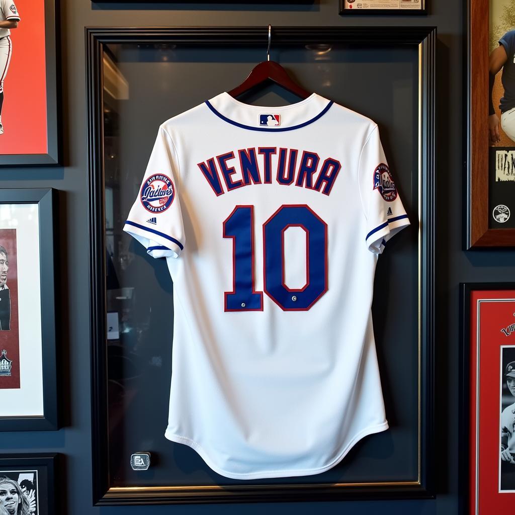 A framed Yordano Ventura jersey displayed on a wall.