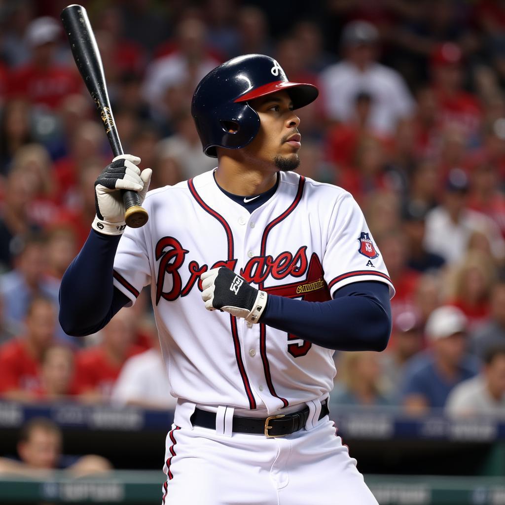 Freddie Freeman swinging in his Braves jersey