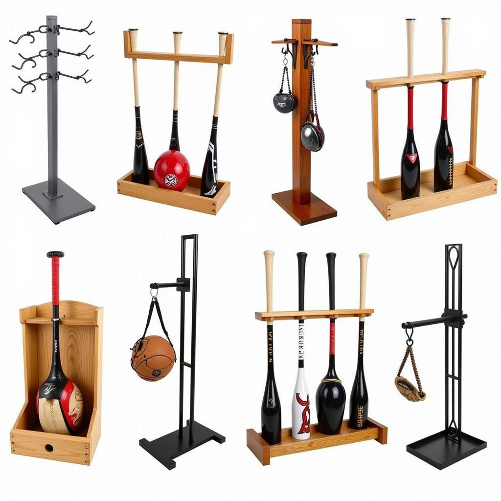 Freestanding baseball bat racks in wood and metal with additional storage