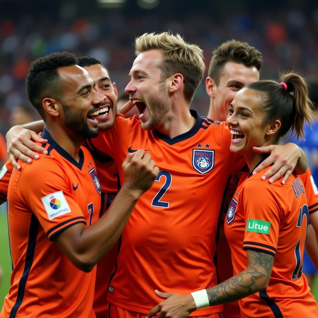 Frenkie de Jong celebrating a goal with his Netherlands teammates, showcasing team unity and joy.