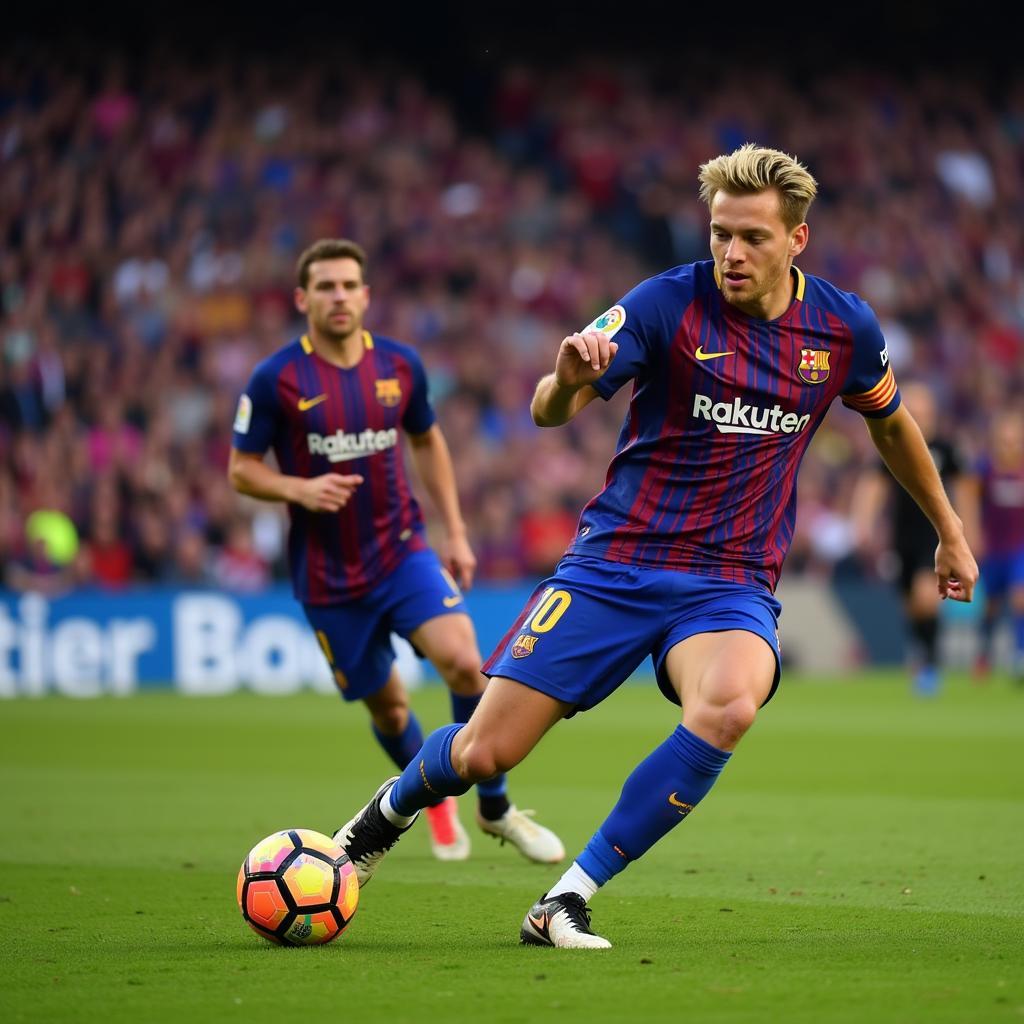 Frenkie de Jong controlling the midfield, passing the ball accurately to a teammate during a Barcelona game.