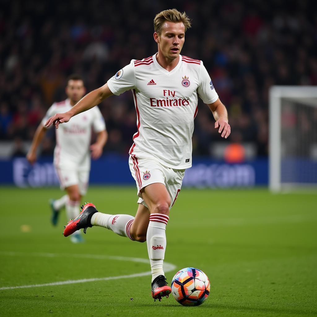 Frenkie de Jong executes a precise pass to a teammate, showcasing his exceptional passing accuracy and vision on the field.