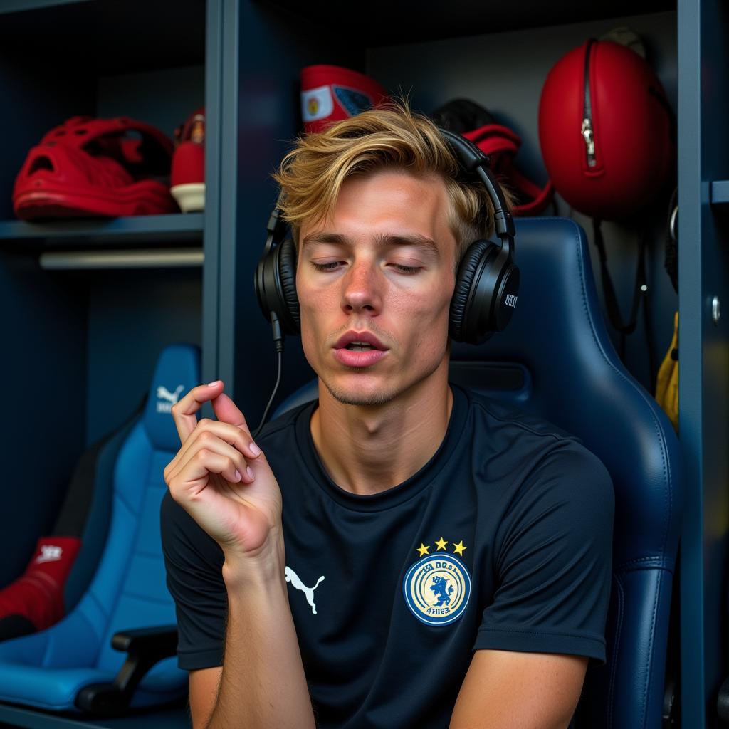 Frenkie de Jong engaging in his pre-game rituals in the stadium locker.