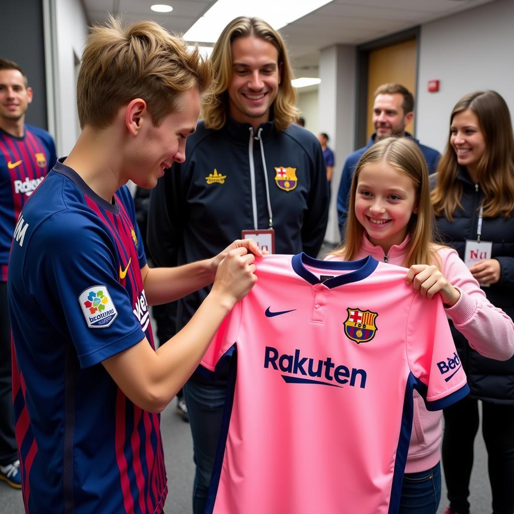 Frenkie de Jong signing a pink jersey for a breast cancer survivor