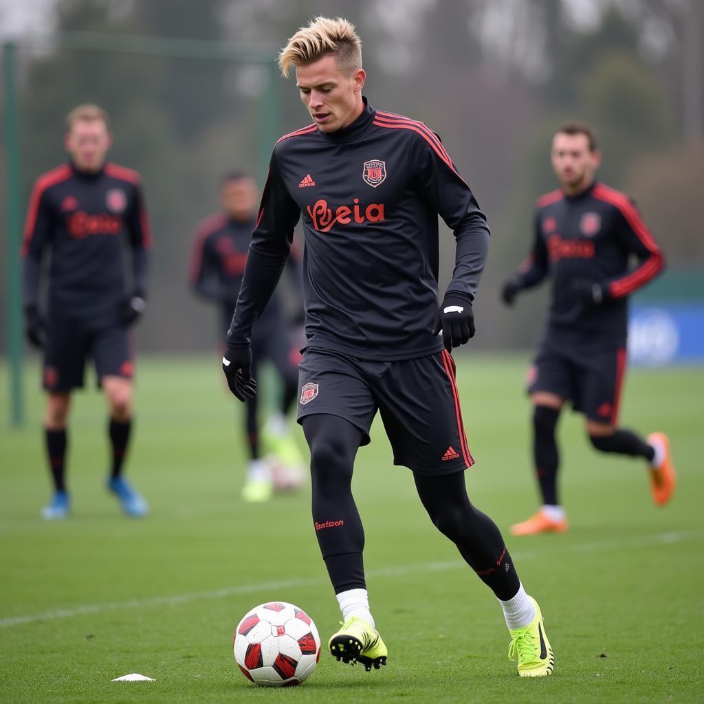 Frenkie de Jong training, dribbling the ball during practice.