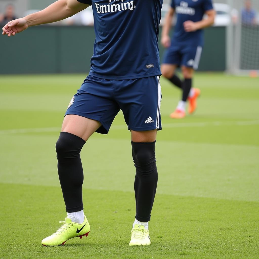 Frenkie de Jong demonstrating the proper fit of twins shin guards while training.