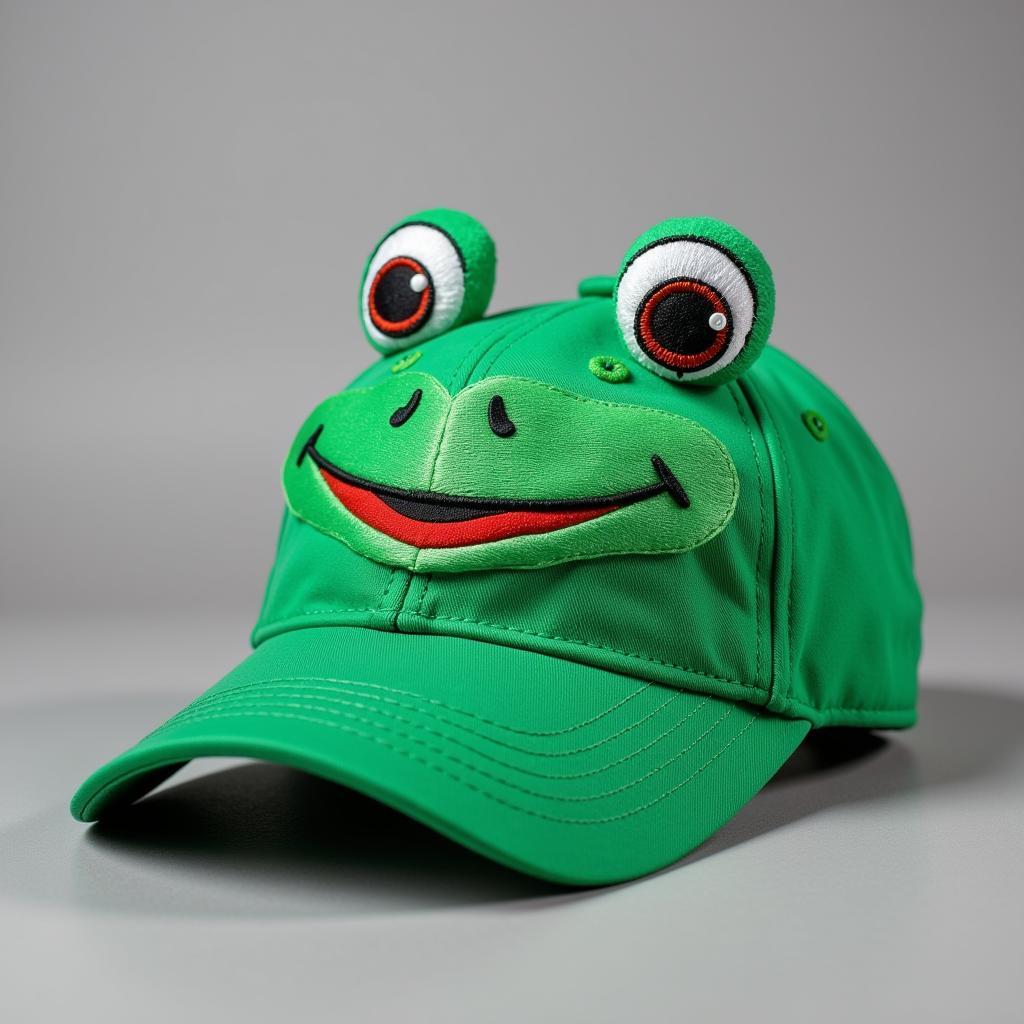 Close-up of a frog baseball hat, showcasing the detailed embroidery and vibrant green color.