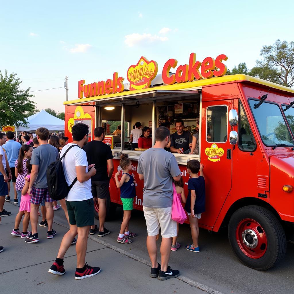 Funnel cake truck serving customers at a busy outdoor event