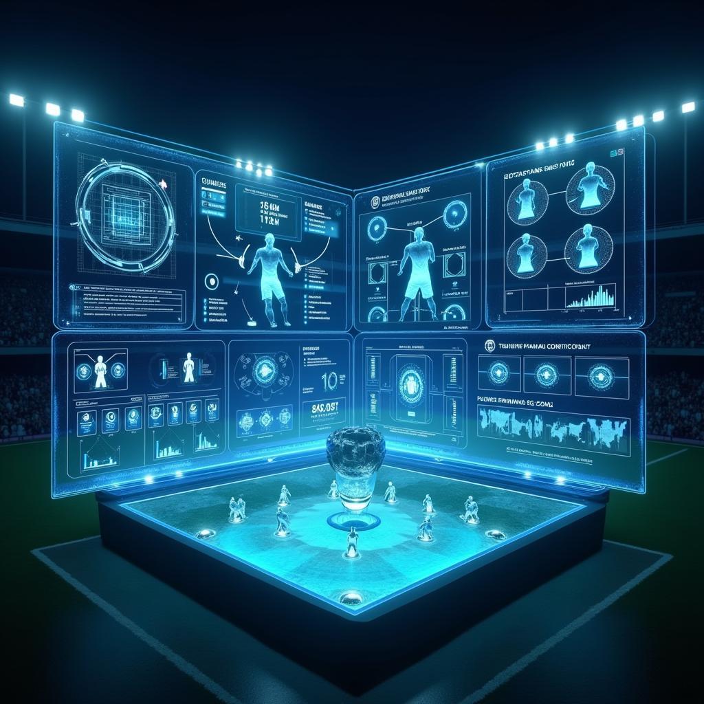 Future of Football Analytics: A holographic projection displaying player statistics and tactical formations.