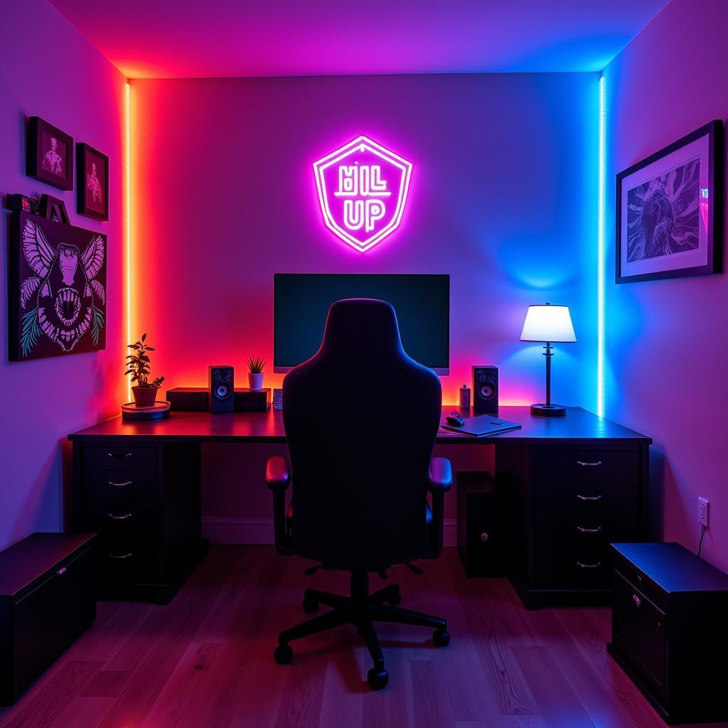 Game Room with Light Up Sign and Ambient Lighting