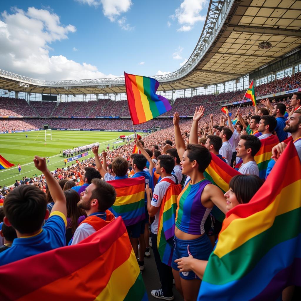 Gay Pride Fans Celebrating in a Football Stadium