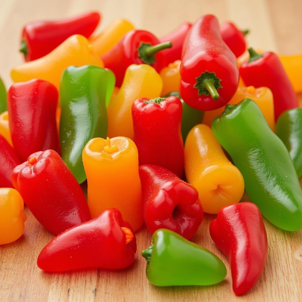 Giant gummy pepper variety showcasing different colors and sizes