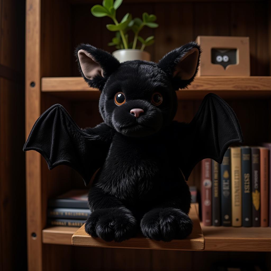 Giant Stuffed Bat on Bookshelf