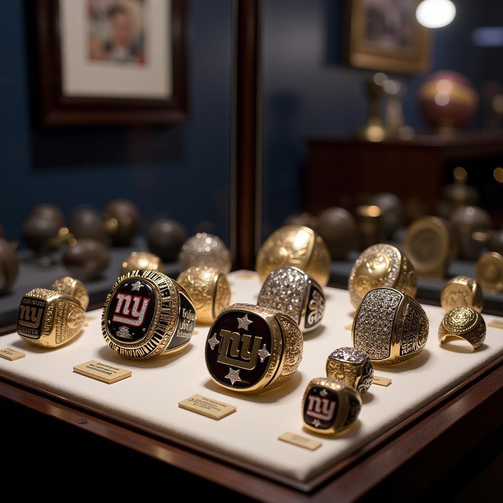 Display Case Showcasing Multiple Giants Super Bowl Rings from Different Years