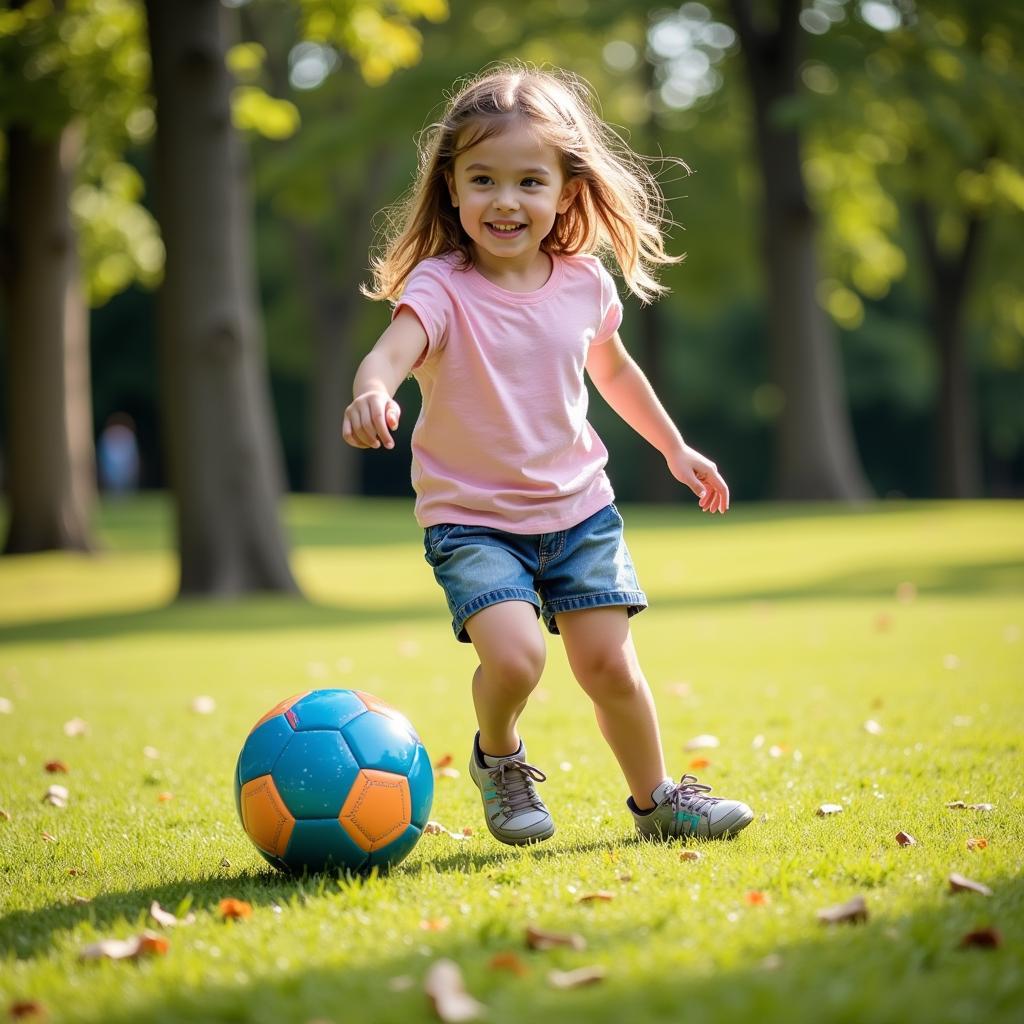 Young girl joyfully playing with a glitter soccer ball in a park