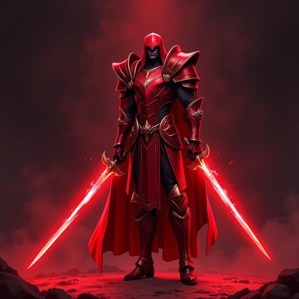 Gaming character wearing red armor