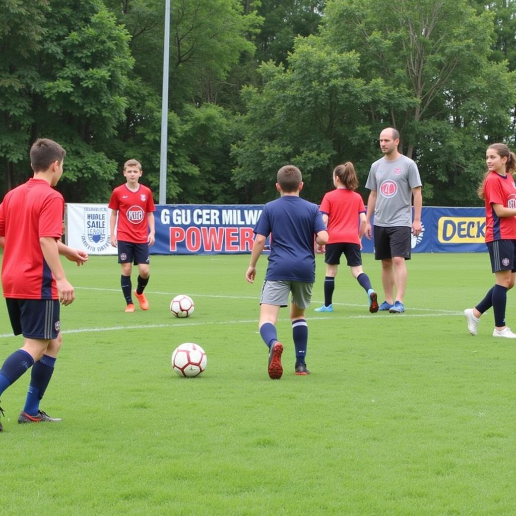 Youth soccer players practicing drills for the Greater Milwaukee Power League.