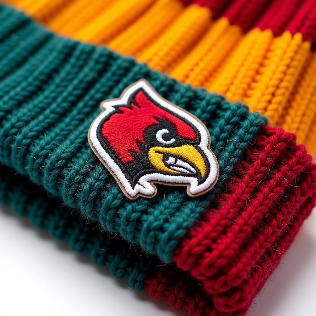 Close-up view of a go birds beanie showing the intricate knitting and the vibrant team colors