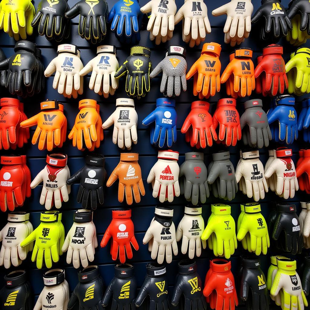 Goalkeeper gloves displayed in a glove hub, showcasing various brands and models.