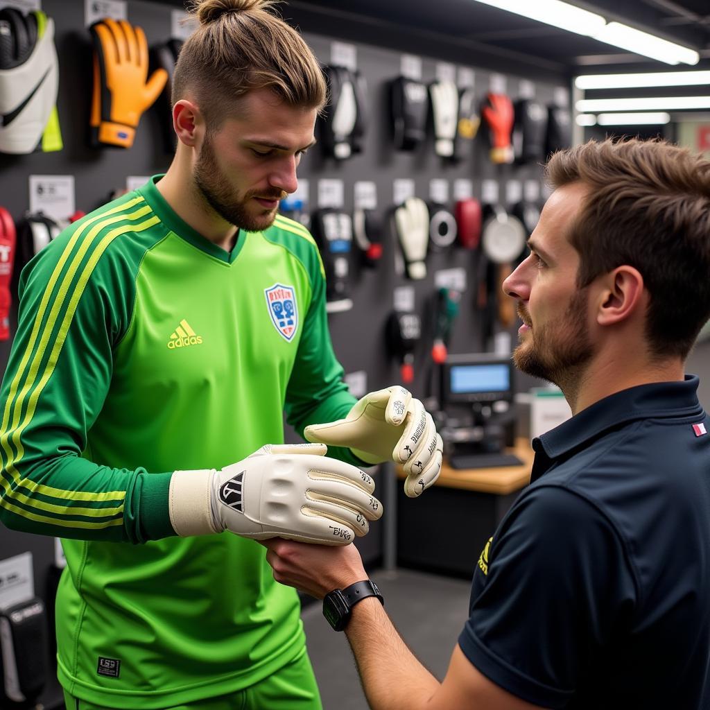 Goalkeeper trying on gloves in a glove hub, assisted by a staff member.